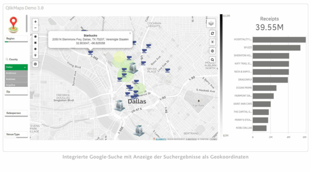 QlikMaps Integrierte Google-Suche mit Anzeige der Suchergebnisse als Geokoordinaten