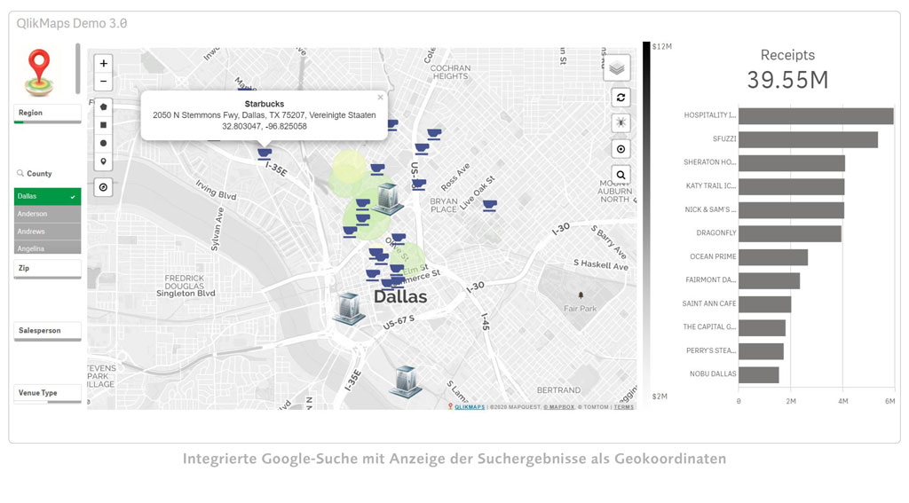 QlikMaps Integrierte Google-Suche mit Anzeige der Suchergebnisse als Geokoordinaten
