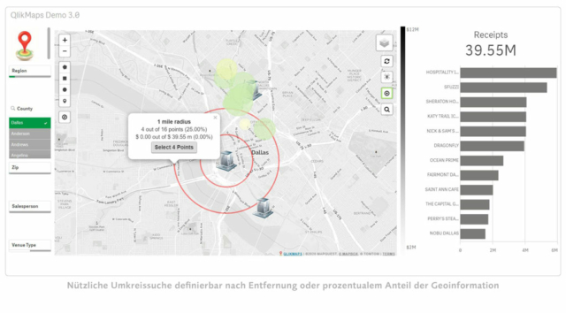 QlikMaps Nützliche Umkreissuchedefinierbar nach Entfernung oder prozentualem Anteil der Geoinformation