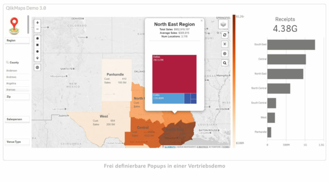 QlikMaps Freidefinierbare Popups in einer Vertriebsdemo